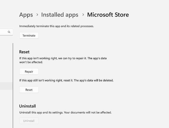 Settings apps - MS Store