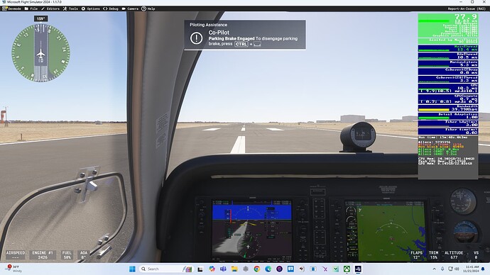 MSFS 2024 Ultra TAA 1080p monitor view Varjo Base 4.5 activated but not  in VR yet at KTPL inside cockpit when first turn on computer and start sim