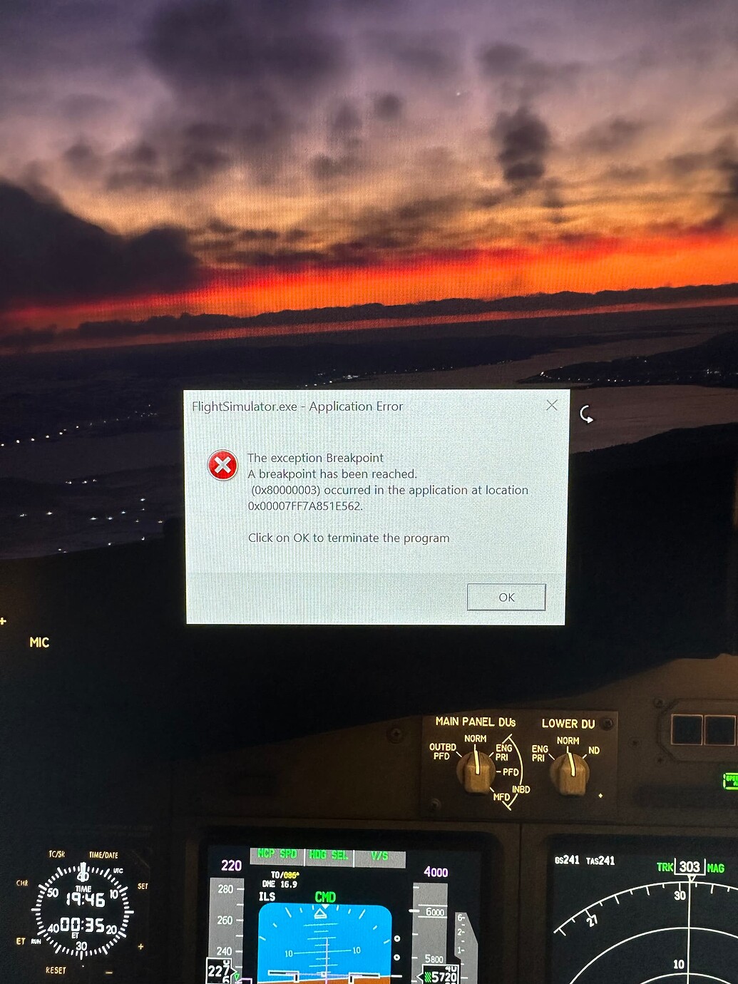 FlightSimulator.exe Application Error (0x80000003) A breakpoint has