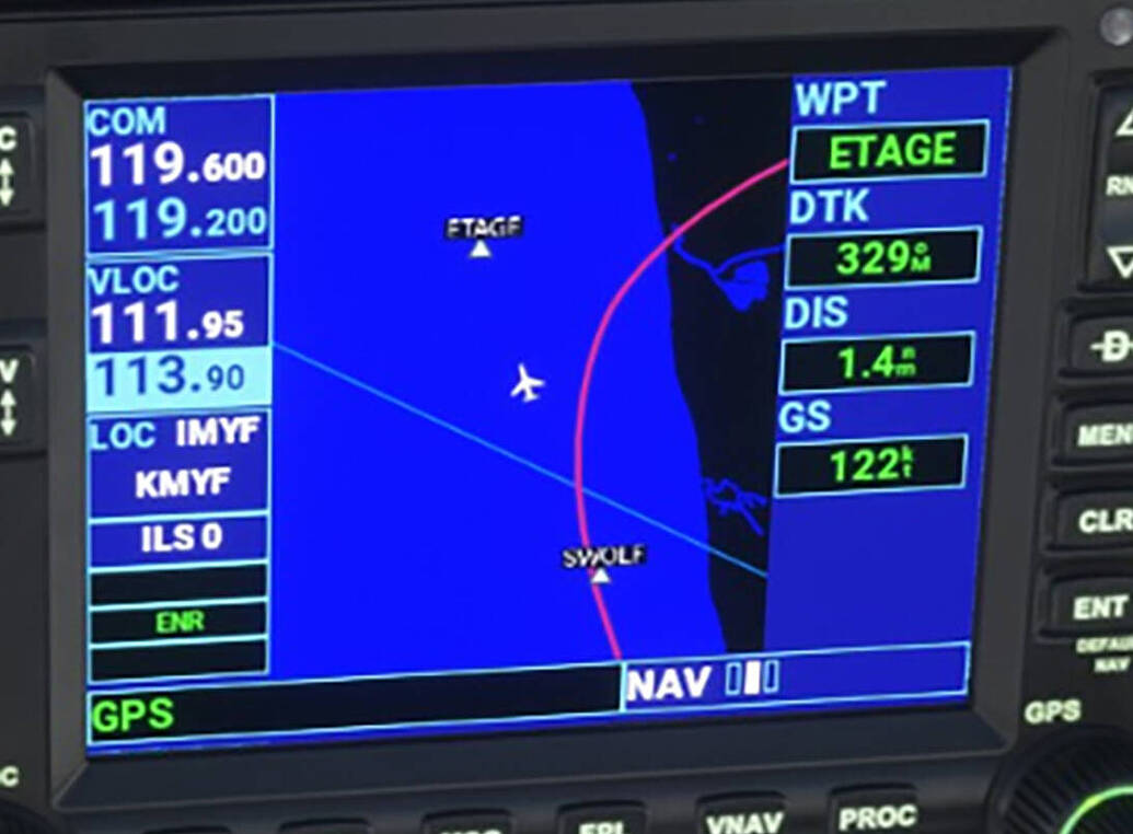 Garmin 530 shows rounded flight legs between waypoints Cessna 172