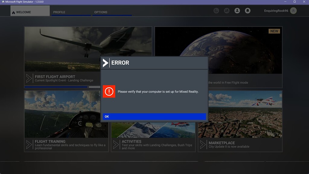 Mixed reality error when starting sim Hardware & Peripherals