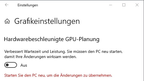 MS-Windows Einstellungen Hardwarebeschleunigte GPU Planung aus