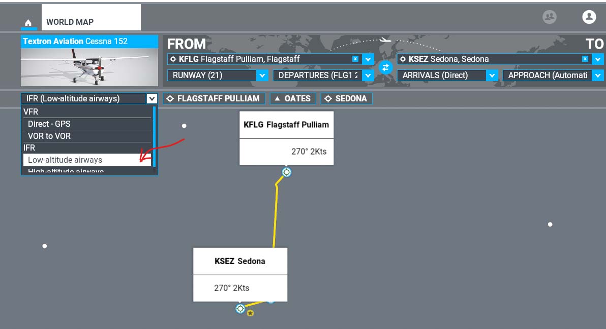 20201101 MSFS (IFR Plan) Flagstaff to Sedona AZ World Map Low-Altitude Airways Choice