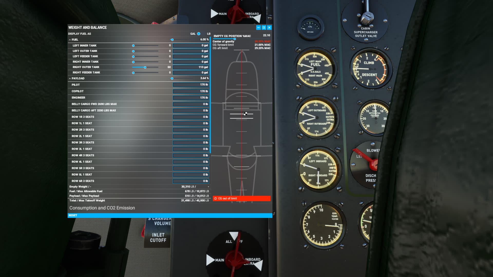 Boeing 307 Right Outboard Fuel Gauge is reading the right inner tank ...