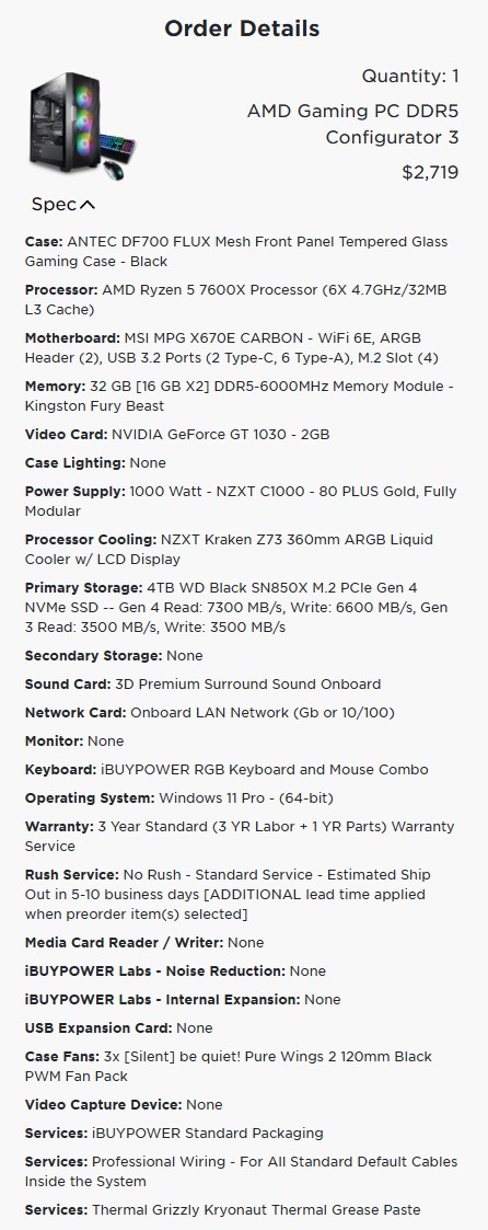 ibuyPower Order Details - Specs