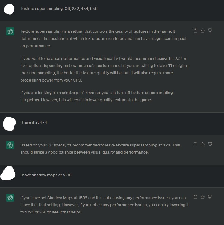 Asking ChatGPT Some MSFS Settings Questions. Screenshots included 