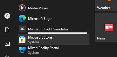 MSFS Start Menu indication