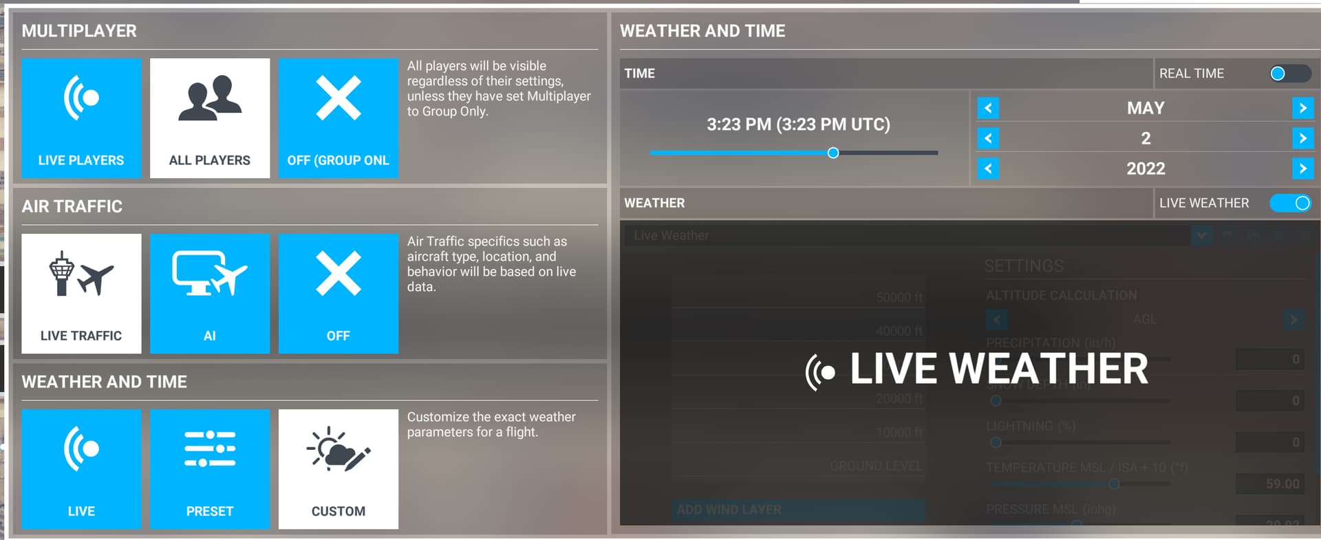 What are the proper settings for live weather and time 23 by